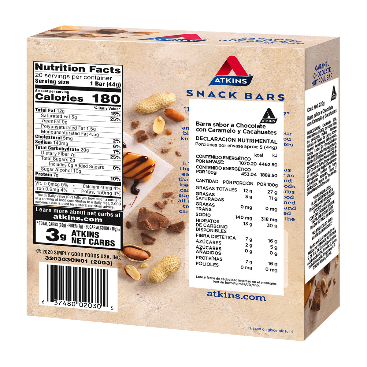 Atkins Barra sabor Chocolate con Caramelo y Cacahuates