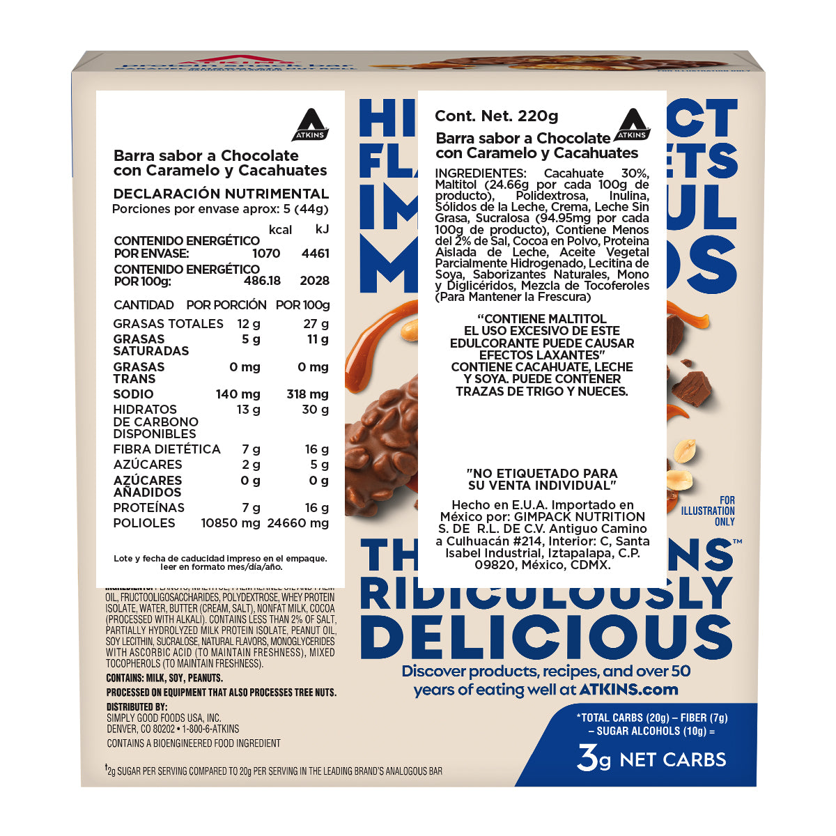 Atkins Barra sabor Chocolate con Caramelo y Cacahuates