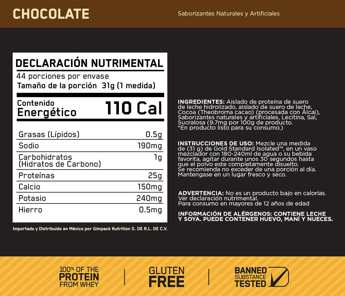 ON Gold Standard 100% Isolate Sabor Chocolate 3LB