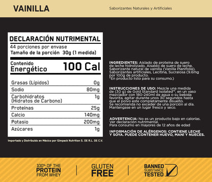 ON Gold Standard 100% Isolate Sabor Vainilla 2.91LB