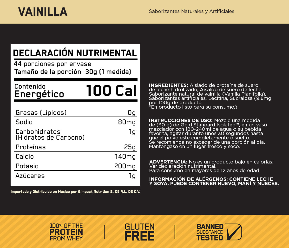 ON Gold Standard 100% Isolate Sabor Vainilla 2.91LB
