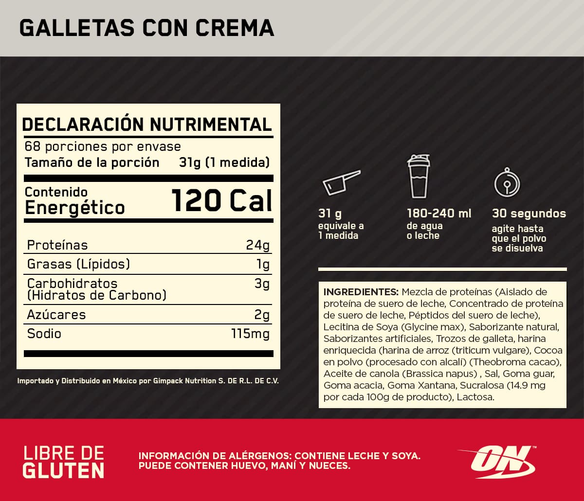 ON Gold Standard 100% Whey Sabor Galletas con Crema 4.65LB