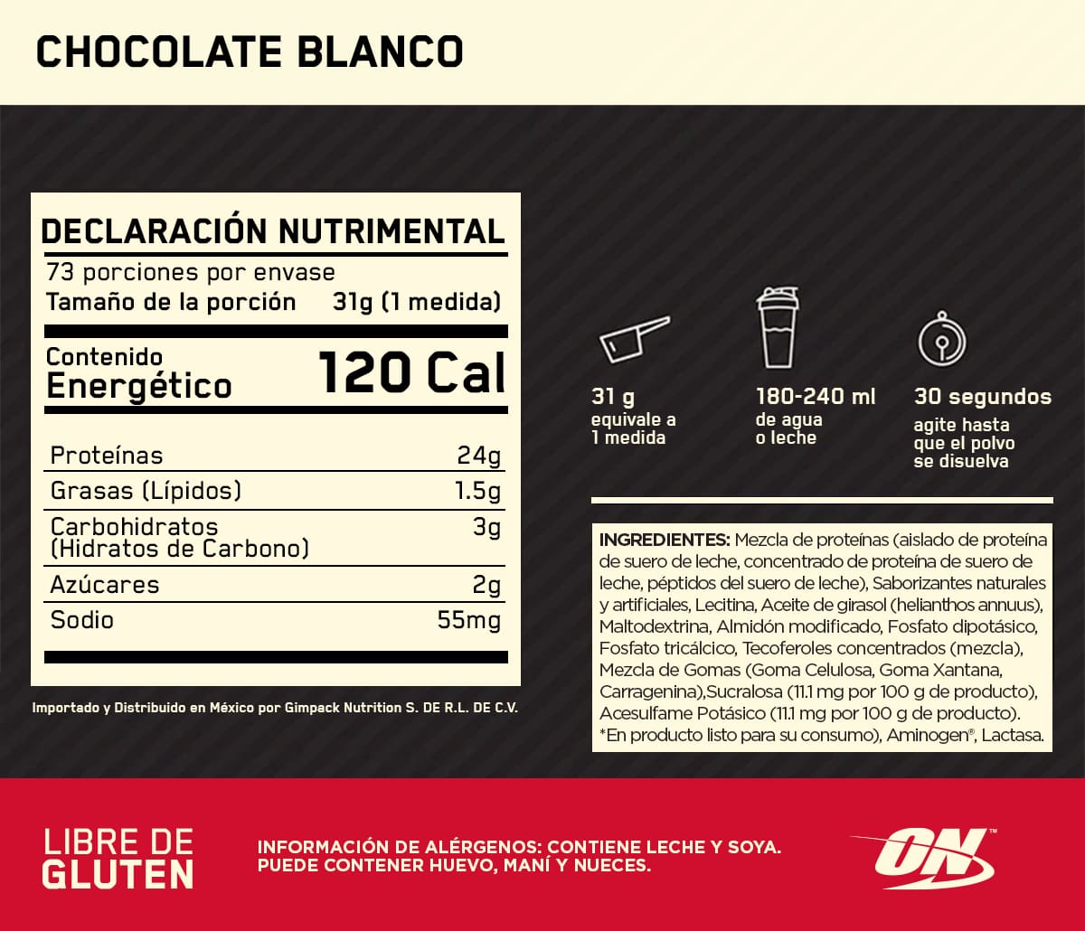 ON Gold Standard 100% Whey Sabor Chocolate blanco 5 LB