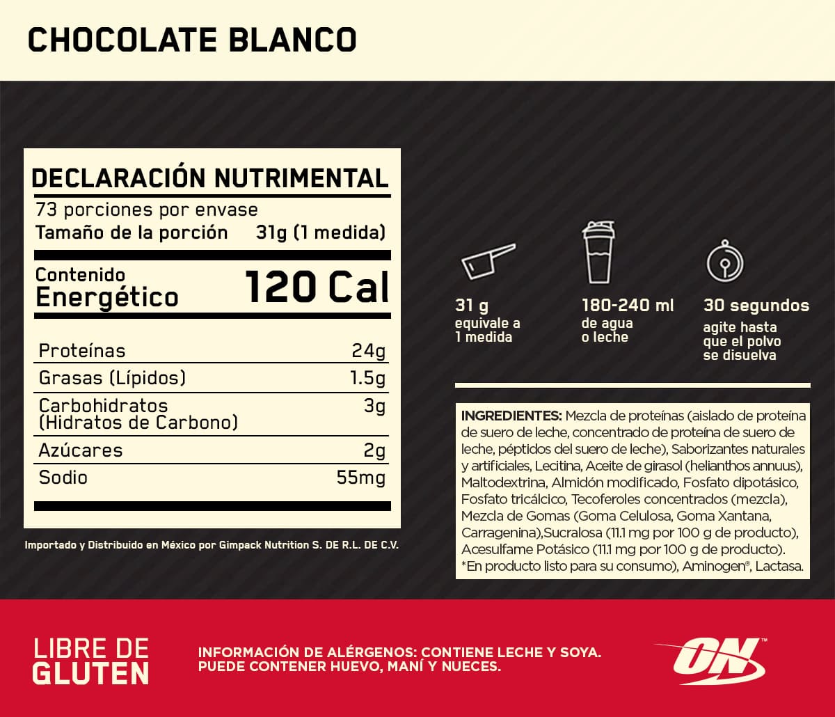 ON Gold Standard 100% Whey Sabor Chocolate blanco 5LB
