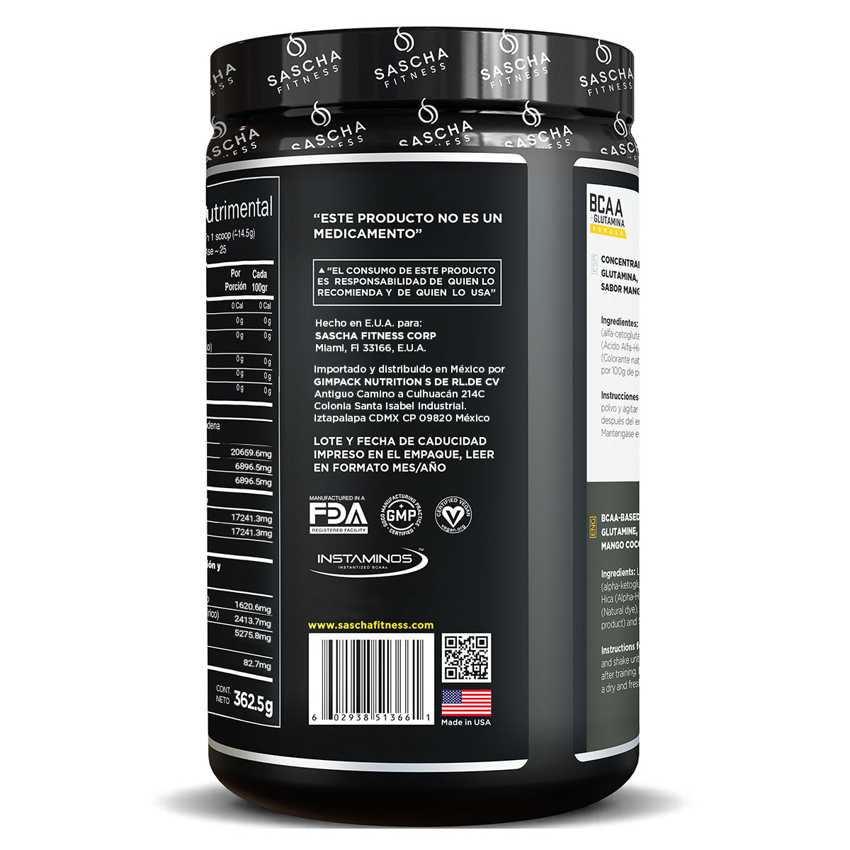 Sascha Fitness Concentrado en polvo a base de BCAA Mango Coco